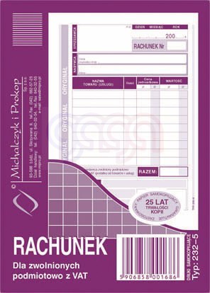 232-5 Rachunek dla zwolnionych podmiotowo z VAT 232-5