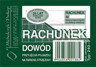 240-9 Rachunek dowód przyjęcia pojazdu na parking strzeżony 240-9